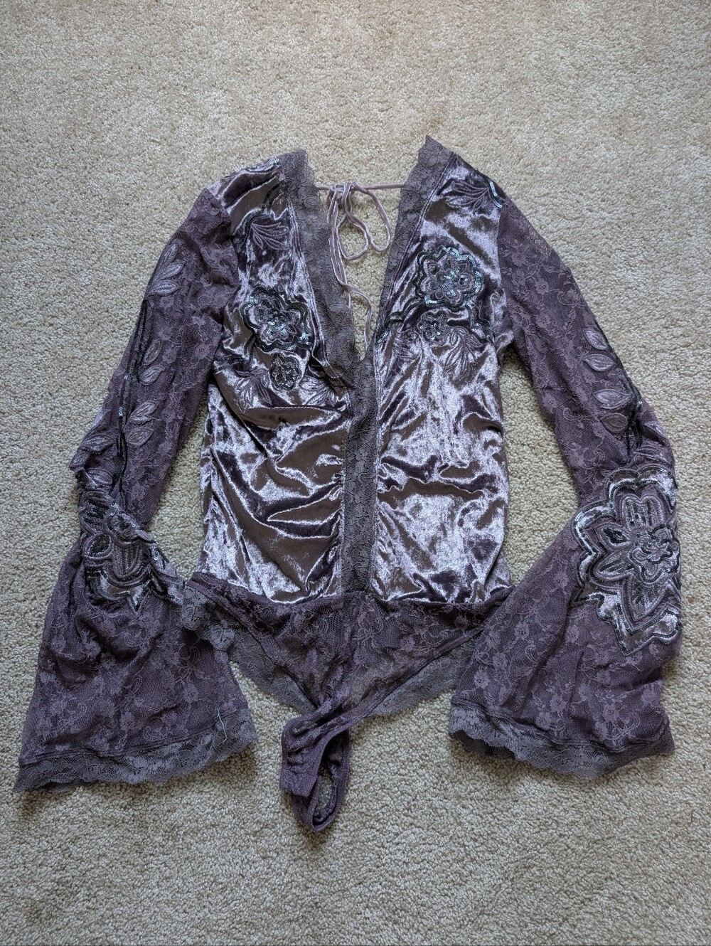 Free People Dusty Purple Lace & Velvet Deep V Bodysuit
